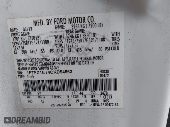 2012 Ford F-150 XL with VIN 1FTFX1ET4CKD54563, listed as a IAAI auction lot 42076205 with 136,841 mi miles and . Bid and sale history available at carsss.com. Image 9.