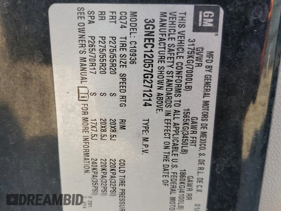2007 Chevrolet Avalanche LTZ with VIN 3GNEC12057G271214, listed as a Copart auction lot 53292425 with 177,854 mi miles and Salvage title. Bid and sale history available at DreamBid. Image 12.