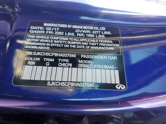 2017 Infiniti QX30 Premium z VIN SJKCH5CP8HA037540, wystawiony jako Copart lot #85222774 z przebiegiem 64 310 mil mil oraz Szkoda całkowita • Salvage title. Historia ofert i sprzedaży dostępna na DreamBid. Obrazek 15.