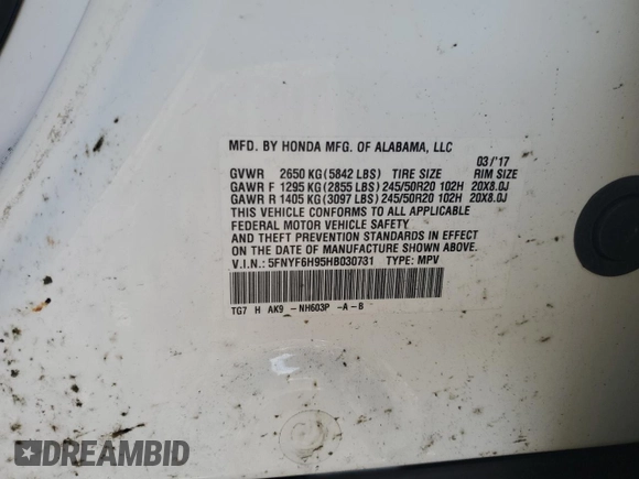 2017 Honda Pilot Touring with VIN 5FNYF6H95HB030731, listed as a Copart auction lot 47133765 with Not Provided miles and Salvage Title. Bid and sale history available at DreamBid. Image 13.