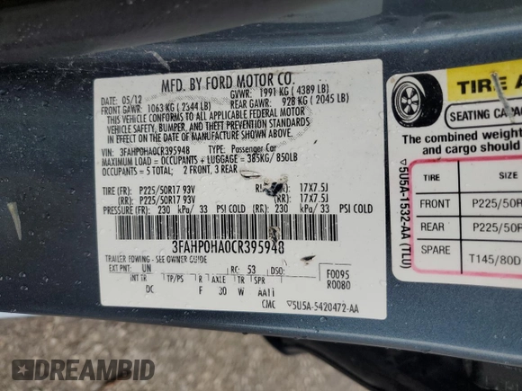 2012 Ford Fusion SE with VIN 3FAHP0HA0CR395948, listed as a Copart auction lot 55568195 with 169,770 mi miles and Salvage title. Bid and sale history available at DreamBid. Image 12.