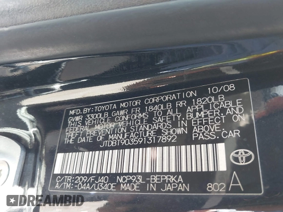 2009 Toyota Yaris with VIN JTDBT903591317892, listed as a IAAI auction lot 41682257 with 217,450 mi miles and . Bid and sale history available at carsss.com. Image 9.