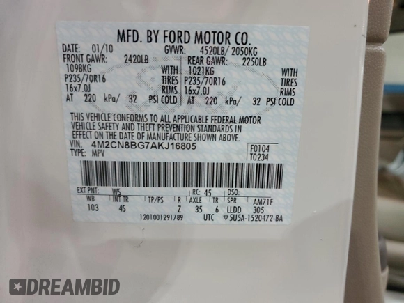 2010 Mercury Mariner с VIN 4M2CN8BG7AKJ16805, выставлен на аукционе Copart как лот 53829505 с пробегом 120 540 миль миль и Чистый • Clean title. История ставок и продаж доступна на DreamBid. Изображение 13.