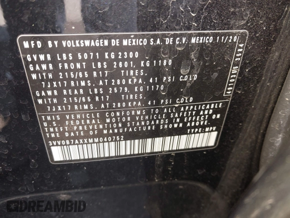 2021 Volkswagen Tiguan S with VIN 3VV0B7AXXMM040752, listed as a IAAI auction lot 41988353 with 51,757 mi miles and . Bid and sale history available at DreamBid. Image 9.