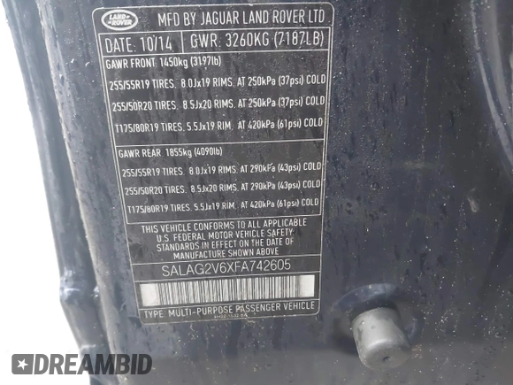 2015 Land Rover LR4 HSE с VIN SALAG2V6XFA742605, выставлен на аукционе IAAI как лот 41787119 с пробегом 115 415 миль миль и . История ставок и продаж доступна на DreamBid. Изображение 9.