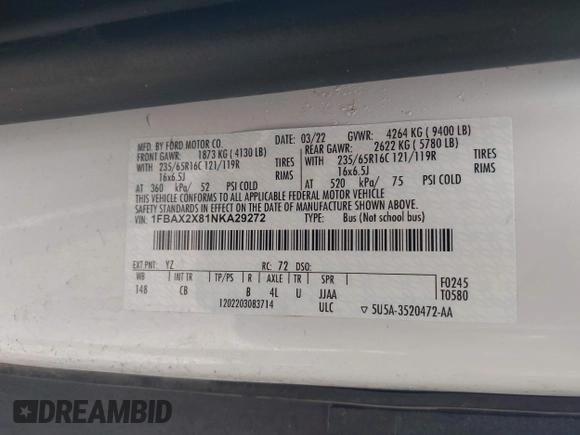 2022 Ford Transit Passenger XL с VIN 1FBAX2X81NKA29272, выставлен на аукционе IAAI как лот 41921508 с пробегом 49 826 миль миль и . История ставок и продаж доступна на DreamBid. Изображение 9.