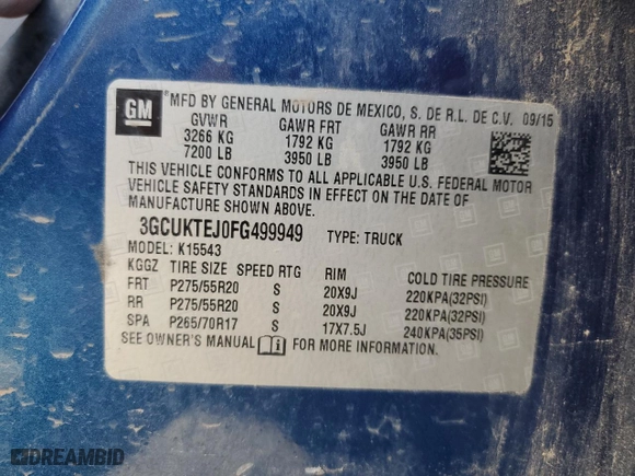 2015 Chevrolet Silverado 1500 High Country with VIN 3GCUKTEJ0FG499949, listed as a Copart auction lot 79884334 with 49,724 mi miles and Non Repairable. Bid and sale history available at carsss.com. Image 12.