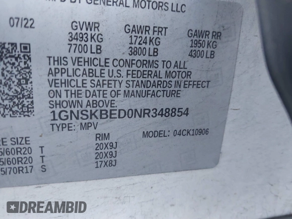 2022 Chevrolet Suburban LS with VIN 1GNSKBED0NR348854, listed as a IAAI auction lot 41306639 with 63,147 mi miles and . Bid and sale history available at DreamBid. Image 9.