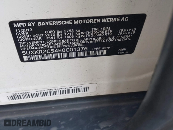 2014 BMW X5 sDrive35i with VIN 5UXKR2C54E0C01376, listed as a IAAI auction lot 41647680 with 50,941 mi miles. Bid and sale history available at carsss.com. Image 9.