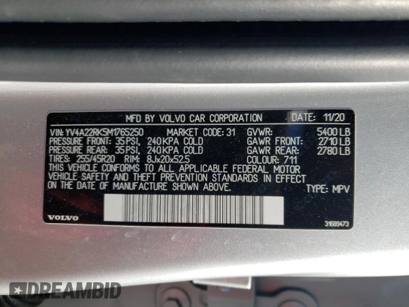 2021 Volvo XC60 Momentum with VIN YV4A22RK5M1765250, listed as a Copart auction lot 43321205 with 51,594 mi miles and Salvage title. Bid and sale history available at DreamBid. Image 13.