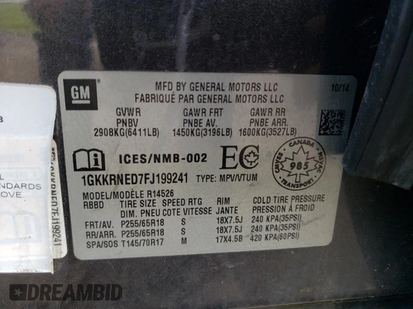 2015 GMC Acadia SLE with VIN 1GKKRNED7FJ199241, listed as a Copart auction lot 76112694 with 130,180 mi miles and Salvage Title. Bid and sale history available at DreamBid. Image 13.