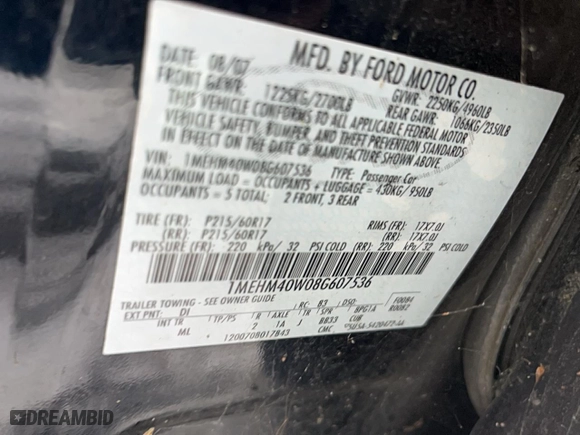 2008 Mercury Sable with VIN 1MEHM40W08G607536, listed as a Copart auction lot 45011775 with 0 mi miles and Clean Title. Bid and sale history available at carsss.com. Image 12.