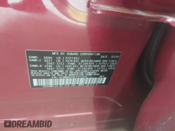 2023 Subaru Ascent Onyx Limited with VIN 4S4WMAKD8P3411879, listed as a IAAI auction lot 41375151 with 45,740 mi miles and . Bid and sale history available at DreamBid. Image 9.