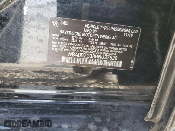 2017 BMW 3 Series 340i xDrive with VIN WBA8B7G38HNU37620, listed as a Copart auction lot 84096854 with 46,940 mi miles and Salvage title. Bid and sale history available at DreamBid. Image 12.