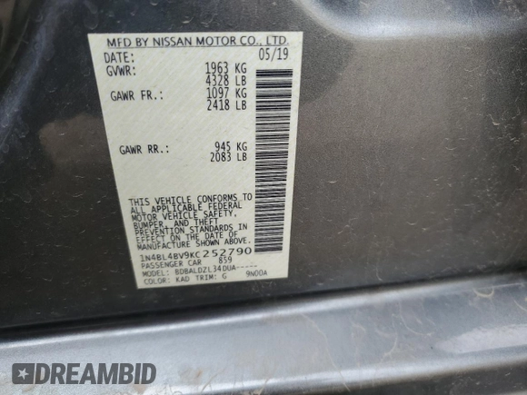 2019 Nissan Altima S z VIN 1N4BL4BV9KC252790, wystawiony jako Copart lot #53818165 z przebiegiem 85 133 mil mil oraz Szkoda całkowita • Salvage title. Historia ofert i sprzedaży dostępna na DreamBid. Obrazek 14.