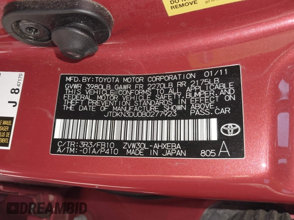 2011 Toyota Prius I with VIN JTDKN3DU0B0277923, listed as a IAAI auction lot 42053281 with 74,380 mi miles and . Bid and sale history available at DreamBid. Image 9.