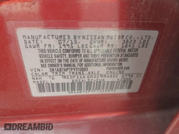 2015 Nissan Sentra SV with VIN 3N1AB7AP7FY310893, listed as a IAAI auction lot 41366971 with 130,917 mi miles and . Bid and sale history available at DreamBid. Image 9.