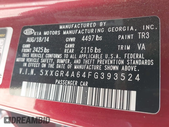 2015 Kia Optima SX Turbo with VIN 5XXGR4A64FG393524, listed as a IAAI auction lot 42617421 with 93,448 mi miles and . Bid and sale history available at DreamBid. Image 9.
