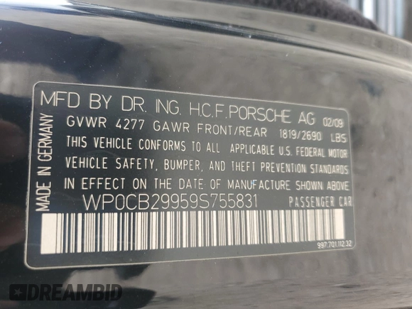 2009 Porsche 911 Carrera S with VIN WP0CB29959S755831, listed as a Copart auction lot 47064005 with 114,522 mi miles and Salvage title. Bid and sale history available at DreamBid. Image 13.