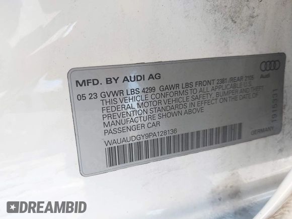 2023 Audi A3 Premium with VIN WAUAUDGY9PA128136, listed as a IAAI auction lot 42229138 with 24,147 mi miles and . Bid and sale history available at DreamBid. Image 9.