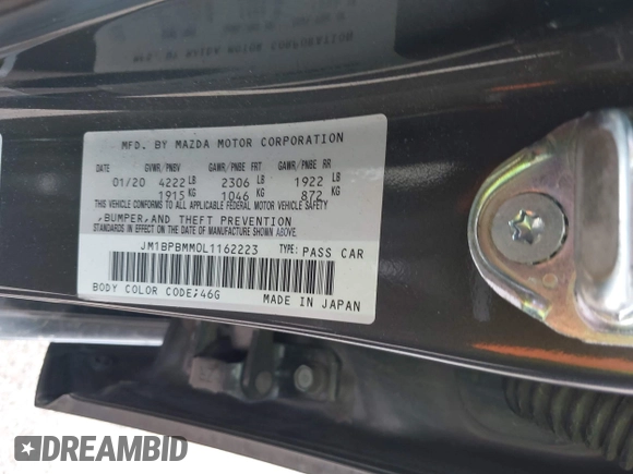 2020 Mazda 3 Preferred with VIN JM1BPBMM0L1162223, listed as a IAAI auction lot 42594572 with 49,916 mi miles and . Bid and sale history available at DreamBid. Image 9.
