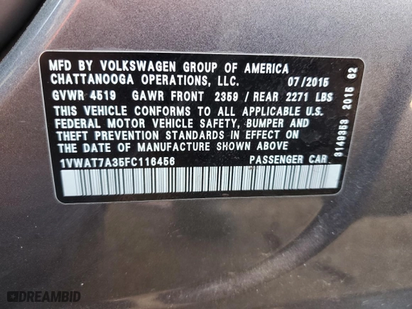 2015 Volkswagen Passat 1.8T Limited Edition with VIN 1VWAT7A35FC116456, listed as a Copart auction lot 51932315 with 69,675 mi miles and Salvage Title. Bid and sale history available at carsss.com. Image 12.