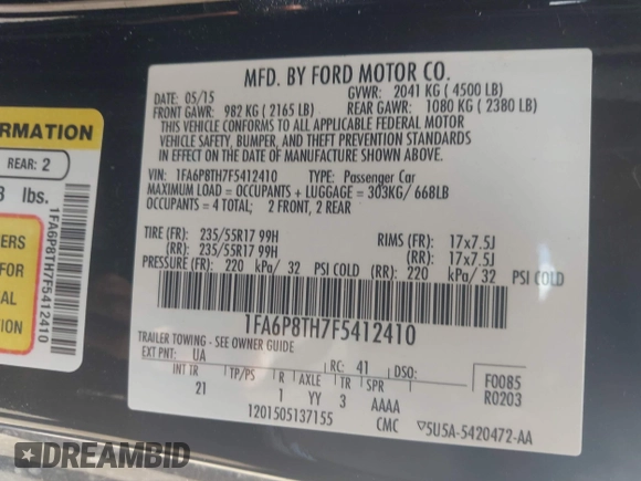 2015 Ford Mustang EcoBoost with VIN 1FA6P8TH7F5412410, listed as a IAAI auction lot 42481166 with 135,731 mi miles and . Bid and sale history available at DreamBid. Image 9.