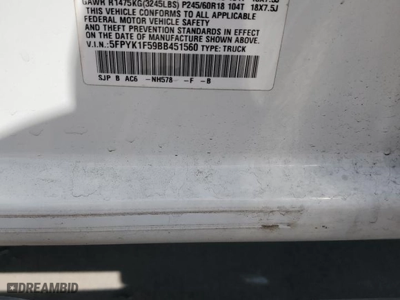 2011 Honda Ridgeline RTL with VIN 5FPYK1F59BB451560, listed as a Copart auction lot 53378295 with 161,371 mi miles and Salvage Title. Bid and sale history available at carsss.com. Image 14.