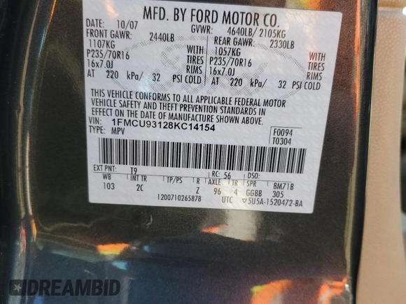 2008 Ford Escape XLT with VIN 1FMCU93128KC14154, listed as a Copart auction lot 53664695 with 0 mi miles and Salvage Title. Bid and sale history available at carsss.com. Image 13.