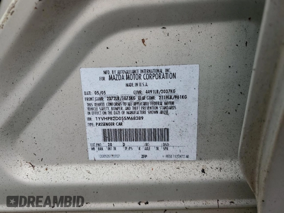 2005 Mazda 6 Sport S with VIN 1YVHP82D055M68389, listed as a Copart auction lot 78304674 with Not Provided miles and Non Repairable. Bid and sale history available at DreamBid. Image 13.
