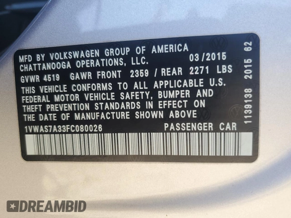 2015 Volkswagen Passat S with VIN 1VWAS7A33FC080026, listed as a Copart auction lot 48748815 with 100,579 mi miles and Salvage title. Bid and sale history available at DreamBid. Image 14.