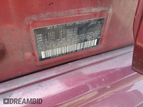 2013 Subaru Legacy 2.5i z VIN 4S3BMBA66D3043516, wystawiony jako Copart lot #59712795 z przebiegiem 80 282 mil mil oraz Szkoda całkowita • Salvage title. Historia ofert i sprzedaży dostępna na DreamBid. Obrazek 13.