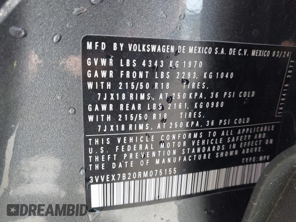 2024 Volkswagen Taos SE z VIN 3VVEX7B20RM075155, wystawiony jako IAAI lot #41709198 z przebiegiem 4 810 mil mil oraz . Historia ofert i sprzedaży dostępna na DreamBid. Obrazek 9.