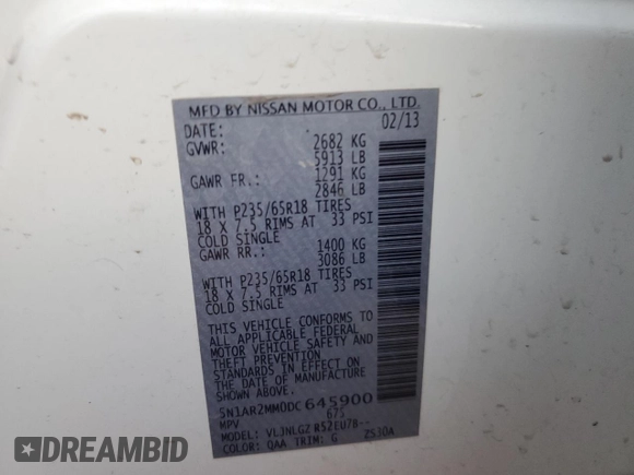 2013 Nissan Pathfinder Platinum with VIN 5N1AR2MM0DC645900, listed as a Copart auction lot 86576684 with 183,530 mi miles and Salvage Title. Bid and sale history available at carsss.com. Image 13.