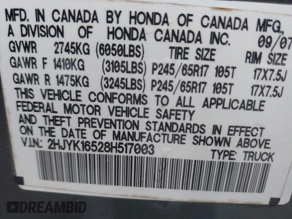 2008 Honda Ridgeline RTL with VIN 2HJYK16528H517003, listed as a IAAI auction lot 42158154 with 179,115 mi miles. Bid and sale history available at carsss.com. Image 9.