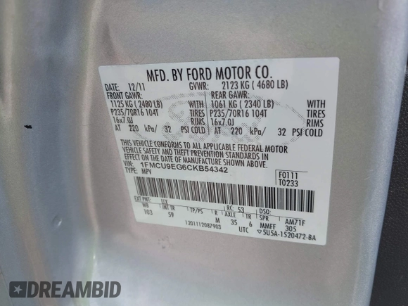 2012 Ford Escape Limited с VIN 1FMCU9EG6CKB54342, выставлен на аукционе IAAI как лот 42136382 с пробегом Не указан миль и . История ставок и продаж доступна на DreamBid. Изображение 9.