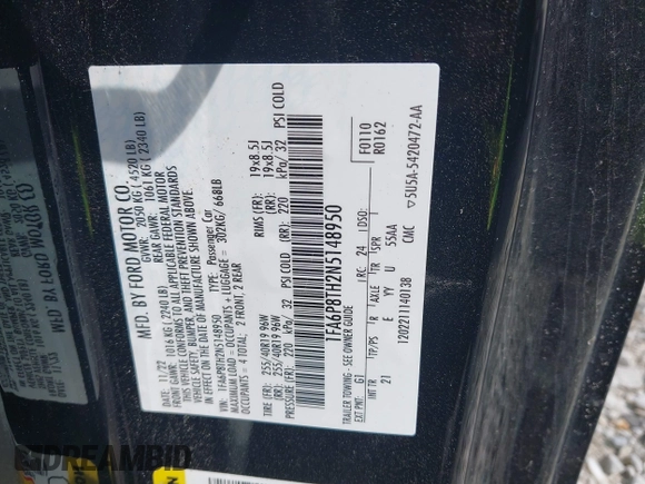 2022 Ford Mustang EcoBoost с VIN 1FA6P8TH2N5148950, выставлен на аукционе IAAI как лот 41707087 с пробегом 29 796 миль миль и . История ставок и продаж доступна на DreamBid. Изображение 9.