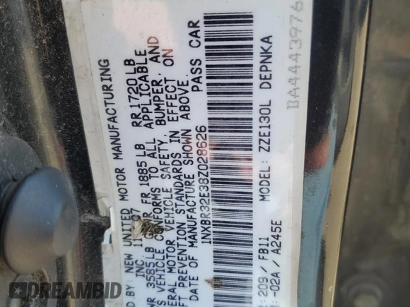 2008 Toyota Corolla CE with VIN 1NXBR32E38Z028626, listed as a Copart auction lot 52318935 with 250,091 mi miles and Clean Title. Bid and sale history available at DreamBid. Image 12.