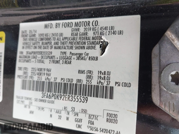 2014 Ford Fusion Titanium with VIN 3FA6P0K92ER355539, listed as a IAAI auction lot 41851471 with 178,176 mi miles and . Bid and sale history available at DreamBid. Image 9.