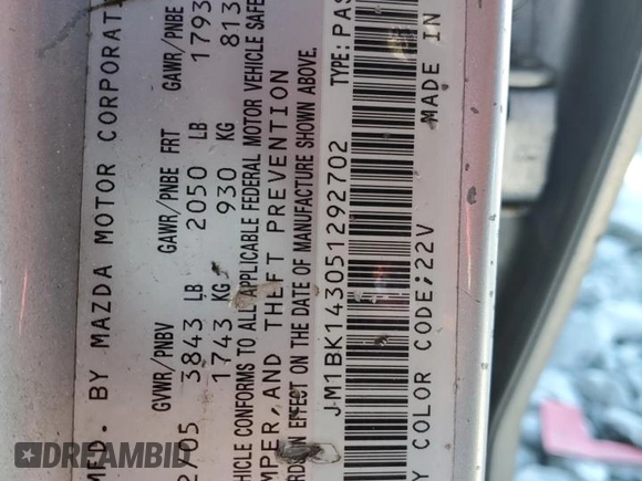 2005 Mazda 3 s with VIN JM1BK143051292702, listed as a Copart auction lot 50704945 with 250,503 mi miles and Salvage Title. Bid and sale history available at carsss.com. Image 12.