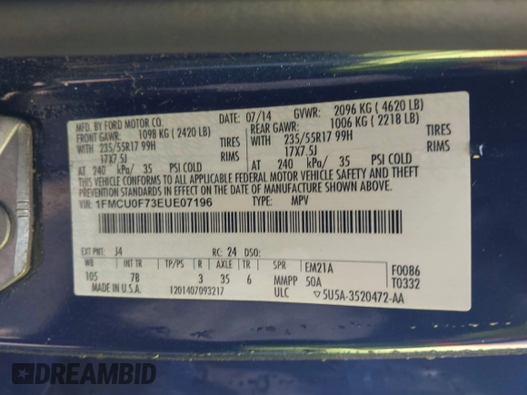 2014 Ford Escape S с VIN 1FMCU0F73EUE07196, выставлен на аукционе IAAI как лот 42020522 с пробегом 59 301 миль миль и . История ставок и продаж доступна на DreamBid. Изображение 9.