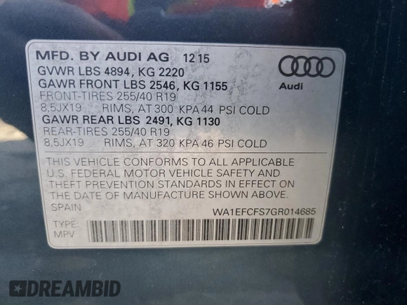 2016 Audi Q3 Premium Plus with VIN WA1EFCFS7GR014685, listed as a Copart auction lot 42003553 with 83,872 mi miles. Bid and sale history available at carsss.com. Image 12.