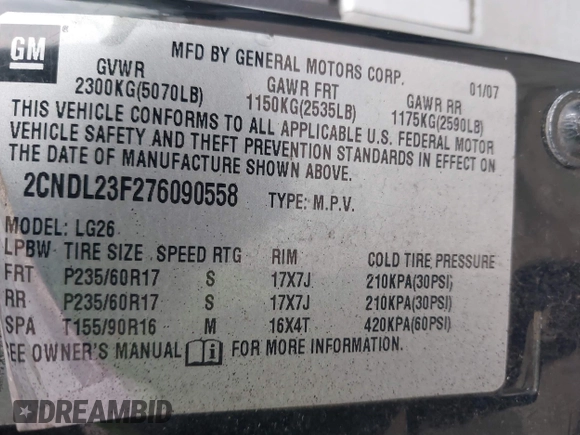 2007 Chevrolet Equinox LS with VIN 2CNDL23F276090558, listed as a IAAI auction lot 41532888 with 222,296 mi miles. Bid and sale history available at carsss.com. Image 9.