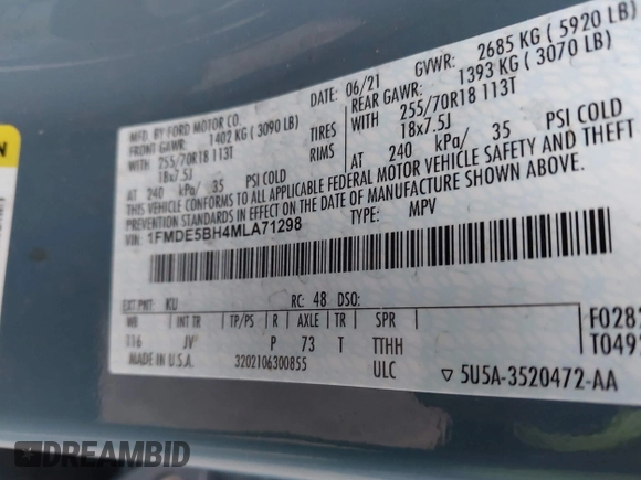 2021 Ford Bronco with VIN 1FMDE5BH4MLA71298, listed as a IAAI auction lot 41120172 with 38,723 mi miles. Bid and sale history available at carsss.com. Image 9.