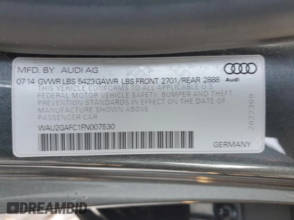 2015 Audi A7 3.0 Prestige with VIN WAU2GAFC1FN007530, listed as a Copart auction lot 43942015 with 83,019 mi miles and Clean Title. Bid and sale history available at carsss.com. Image 12.