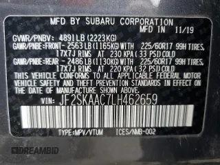 2020 Subaru Forester z VIN JF2SKAAC7LH462659, wystawiony jako Copart lot #57555265 z przebiegiem 78 507 mil mil oraz Szkoda całkowita • Salvage title. Historia ofert i sprzedaży dostępna na DreamBid. Obrazek 13.