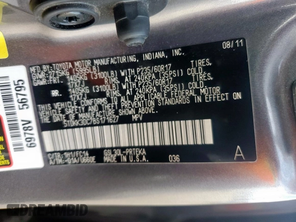 2011 Toyota Sienna LE AAS with VIN 5TDKK3DC7BS171627, listed as a Copart auction lot 64001605 with 130,748 mi miles and Salvage title. Bid and sale history available at DreamBid. Image 13.
