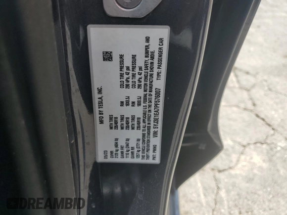2023 Tesla Model 3 with VIN 5YJ3E1EA7PF576007, listed as a Copart auction lot 61674915 with 15,956 mi miles and Salvage title. Bid and sale history available at DreamBid. Image 12.