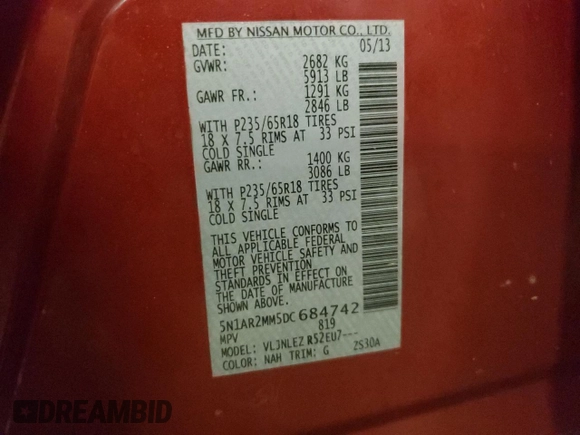 2013 Nissan Pathfinder SV z VIN 5N1AR2MM5DC684742, wystawiony jako Copart lot #51094625 z przebiegiem 216 995 mil mil oraz Szkoda całkowita • Salvage title. Historia ofert i sprzedaży dostępna na DreamBid. Obrazek 15.