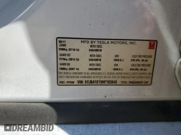 2017 Tesla Model S 60 with VIN 5YJSA1E19HF183845, listed as a Copart auction lot 58204205 with 150,701 mi miles and Salvage title. Bid and sale history available at DreamBid. Image 12.